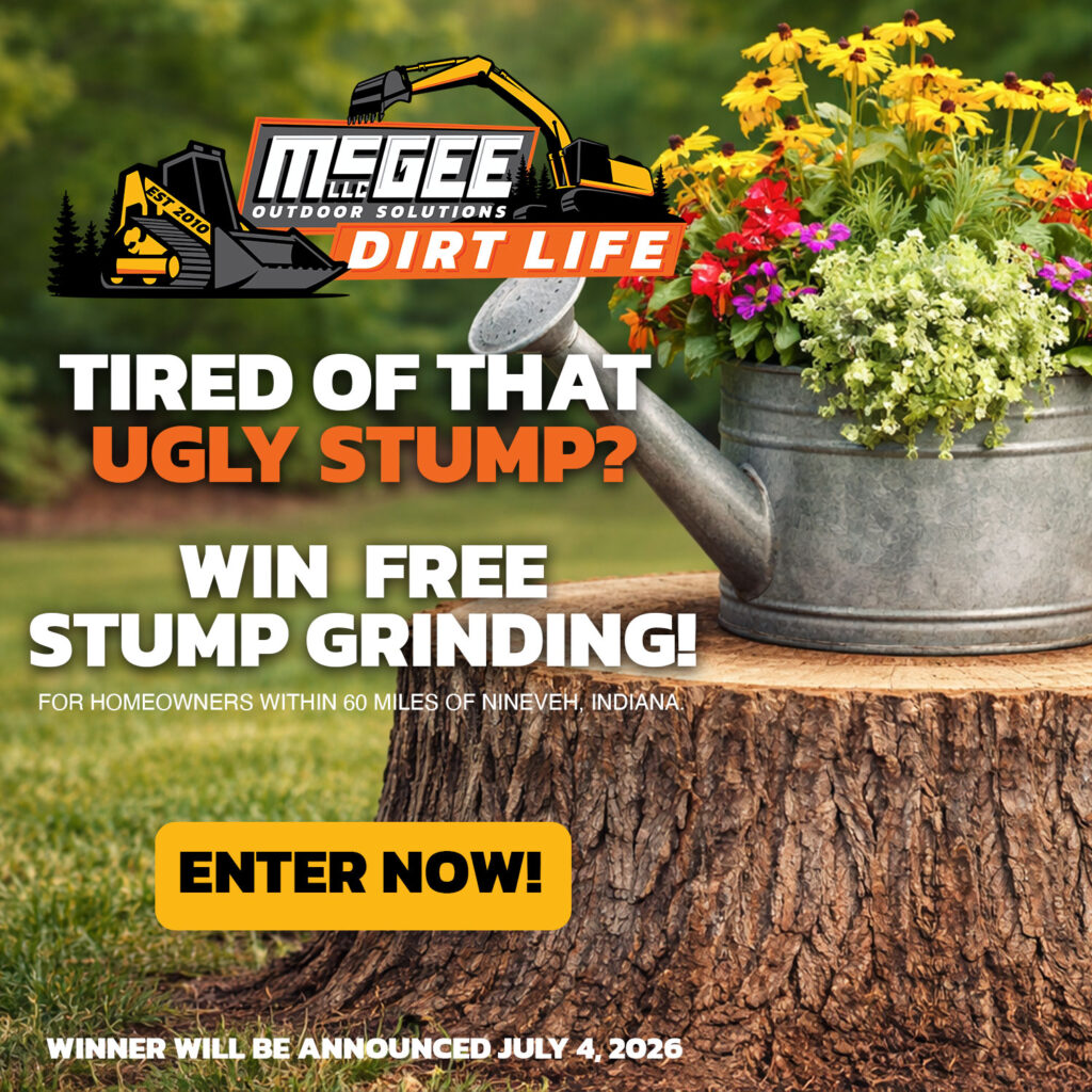 flower pot on tree stump. McGee Outdoor free stump grind giveaway